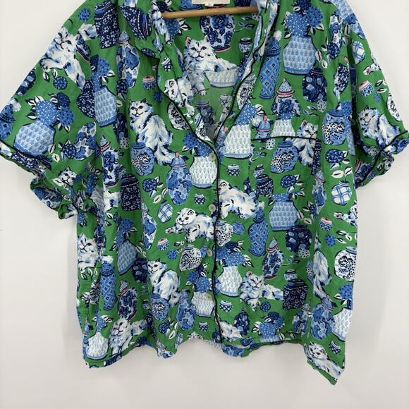 Printfresh Fancy Cat Pajama Shirt Womens 3X Short Sleeve Top Whimsy Retro Poplin - Picture 5 of 8